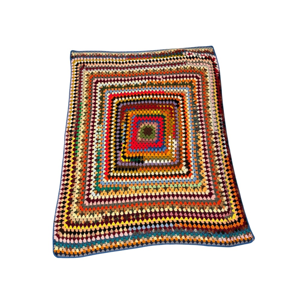 Handmade Crochet Granny Square Blanket Multi Color Vintage Style 48x58